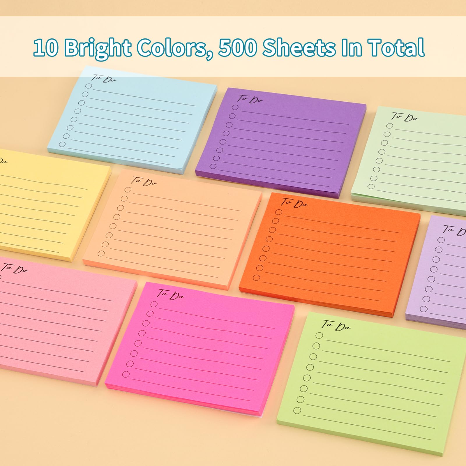 EOOUT 10 Pack Sticky Notes, 500 Sheets Self-Stick to Do List with Line, 3x4 Inch Adhesive Memo Sticky Notes Notepad Bulk, Home Office School Planner Reminder Supplies