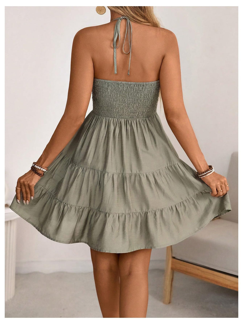 SOLY HUX Women's Summer Mini Dress Halter Backless Sleeveless A Line Ruffle Hem Flowy Cami Dresses Sundress Plain Green Large