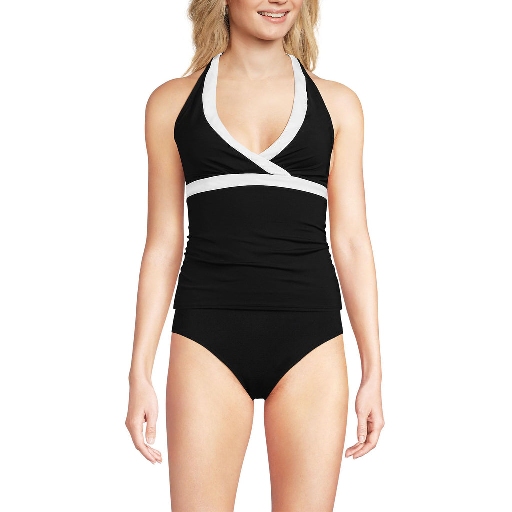 Lands' End Women's Long Torso V-Neck Halter Tankini Top X-Small Black/White