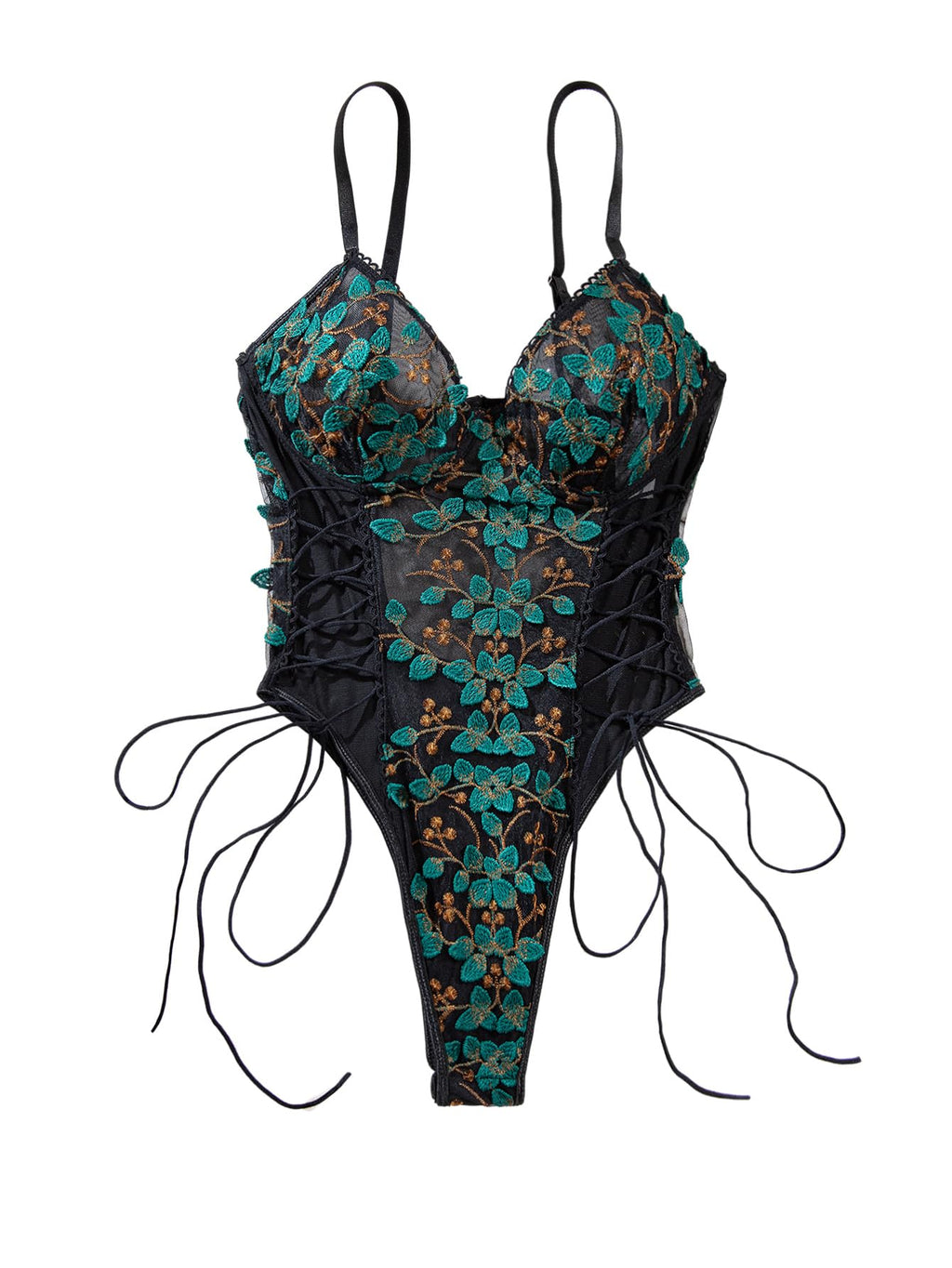 Lilosy Women Sexy Lace Up Floral Embroidered Teddy Babydoll Lingerie Bodysuit Top Mesh Sheer One Piece See Through Green Medium