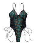 Lilosy Women Sexy Lace Up Floral Embroidered Teddy Babydoll Lingerie Bodysuit Top Mesh Sheer One Piece See Through Green Medium