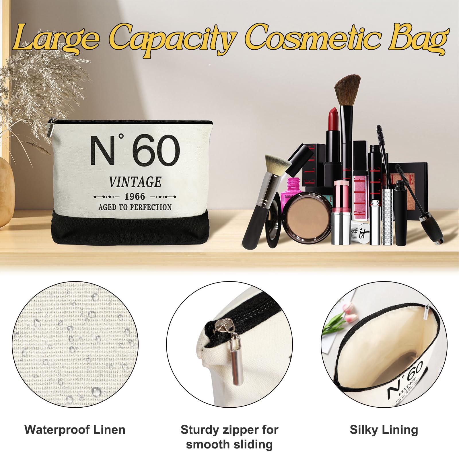 YeohJoy 60th Birthday Gifts for Women Canvas Tote Bag Travel Gear, Unique 60 Years Old Gifts for Wife Mom Sister Aunt Friends Her, Vintage N°60 Handbag & Cosmetic Bag & Back in 1966 Poster