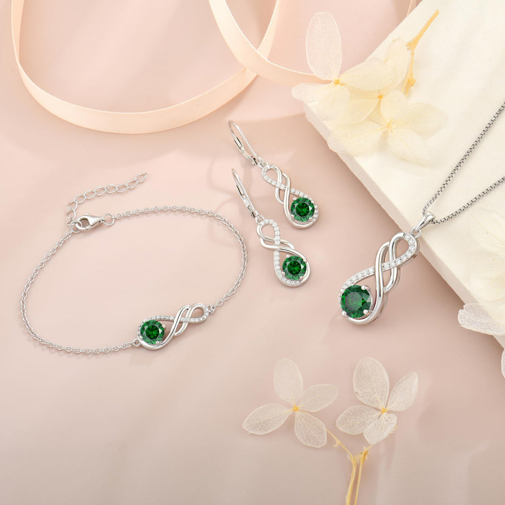 YIFSIY Gemstone Infinity Pendant Necklaces for Women, S925 Sterling Silver Round cut Created Emerald Necklace May Birthstone Jewelry Gift for Her