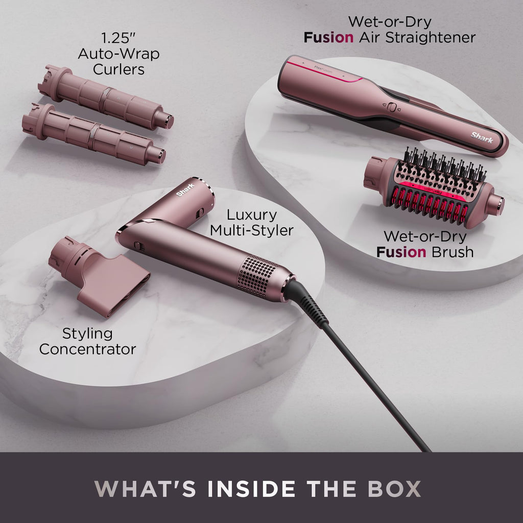 Shark FlexFusion Hair Straightener & Powerful Hair Dryer with Fusion Hair Brush, Ceramic Air Styler with Auto-Wrap Curlers & Concentrator, Ceramic Plates, Cosmic Blush HD641S