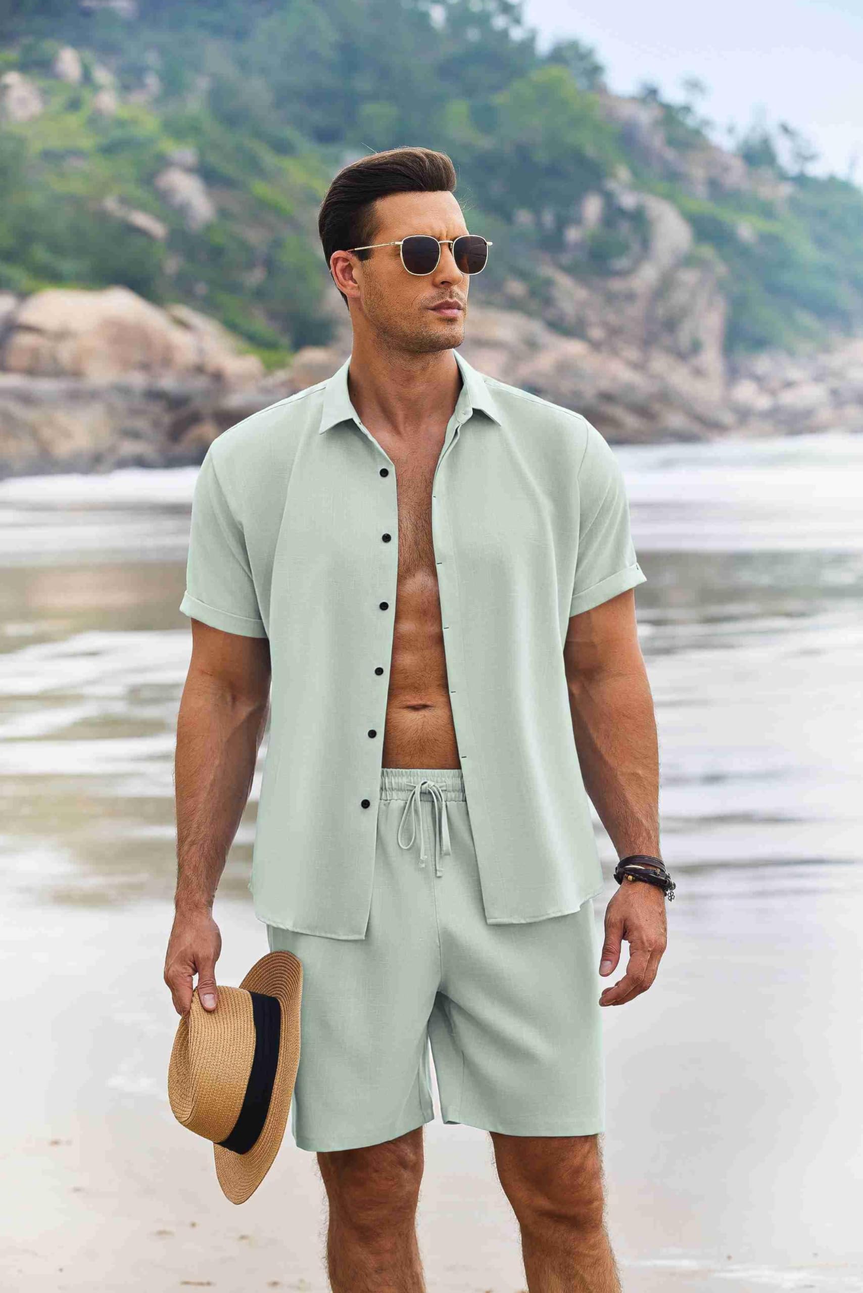 COOFANDY Mens Linen Set Beach Clothes for Men Summer Outfits, Light Green, X-Large