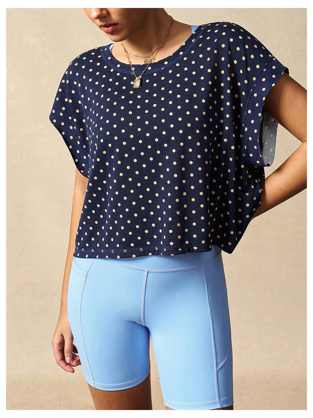 WDIRARA Women's Polka Dots Open Back Workout Tee Shirt Short Sleeve Athletic Shirts Running Gym Yoga Tops Dark Blue Small