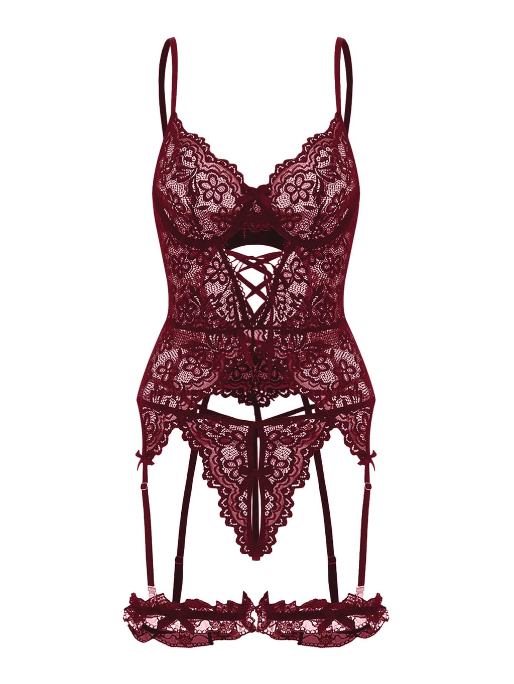 Lilosy Sexy Criss Cross Corset Underwire Floral Lace Sheer Garter Belt Lingerie Set 2 Piece