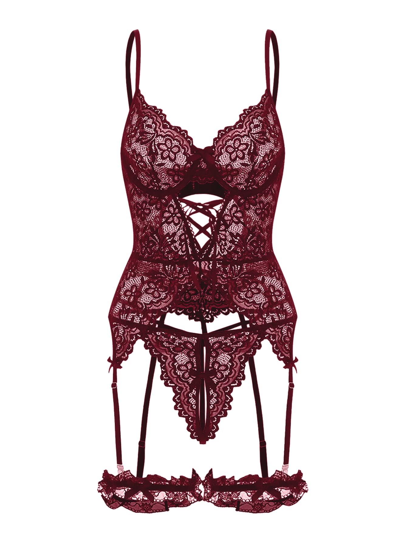Lilosy Sexy Criss Cross Corset Underwire Floral Lace Sheer Garter Belt Lingerie Set 2 Piece