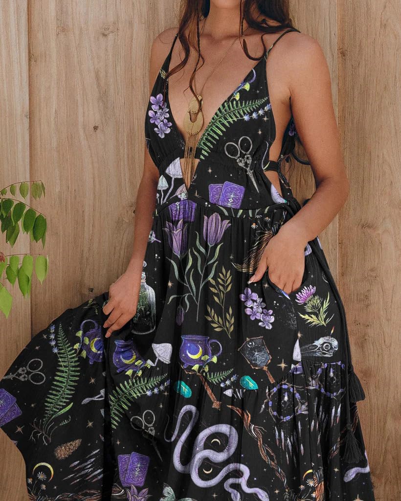 CORAMOON Womens Summer Sun Dresses Mystical Gothic Maxi Dress Casual Floral Witch Dress Date Dress Halloween Outfits (US, Alpha, X-Large, Regular, Regular, Black)