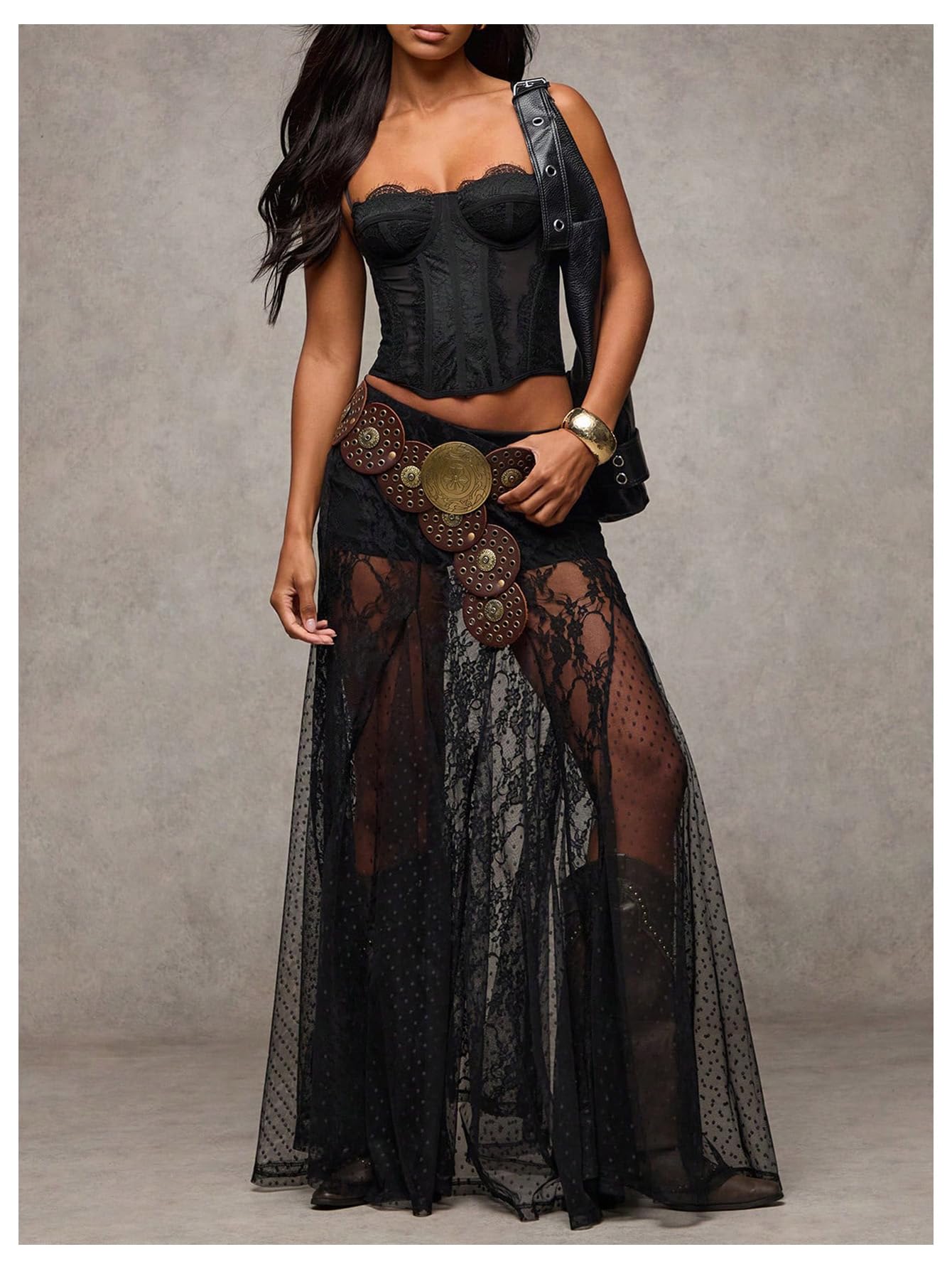 WDIRARA Women's Sexy See Through Sheer Lace Maxi Skirt Low Waist Ruffle Hem A Line Flowy Skirt Black Medium