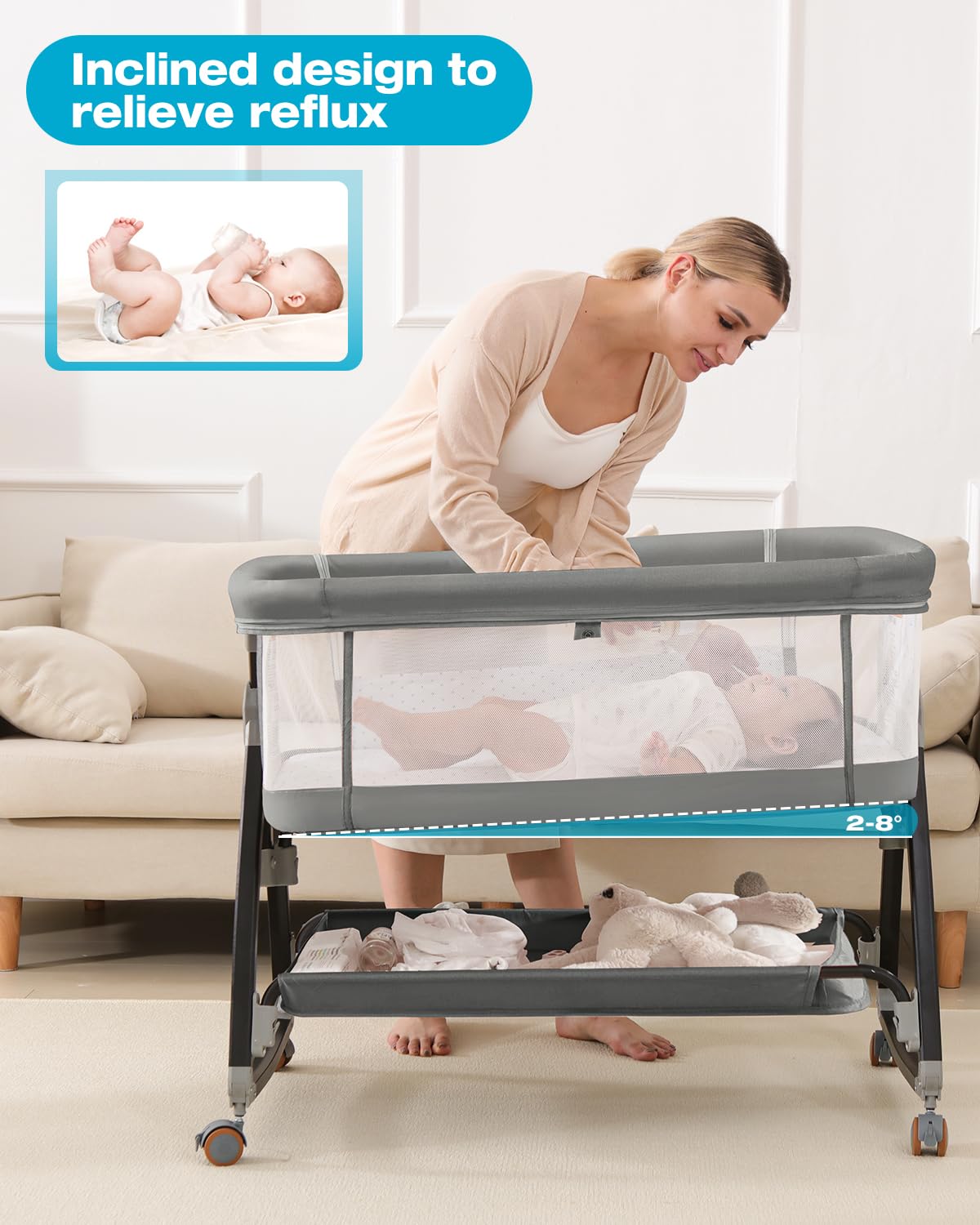 wayfong Baby Bassinet, Bassinet Bedside Sleeper with Wheels, Breathable Mesh Bedside Bassinet for Baby, Mosquito Net, Storage Basket, 6 Height Adjustable, Easy to Assemble