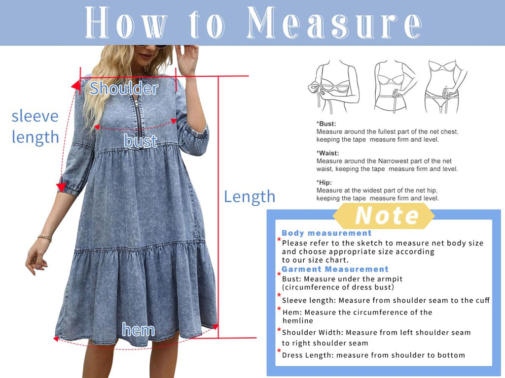 chouyatou Women's Vintage Washed Loose Fit 3/4 Sleeve Tiered Babydoll Mini Denim Jean Dress (Large, Black)