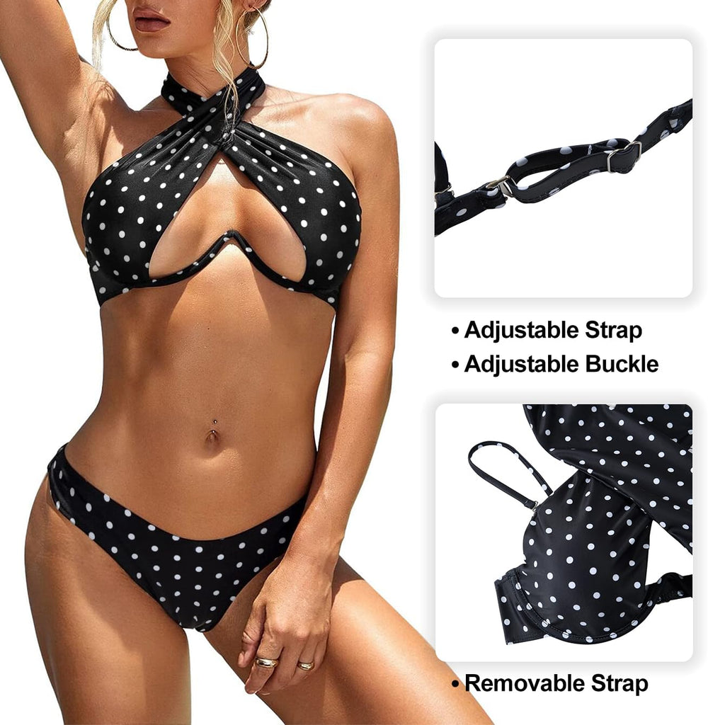 Lilosy Sexy Cute Underwire Push Up Cutout Halter Criss Cross High Cut Leg Thong Brazilian Bikini Swimsuit Set Women Cheeky Bottom Bathing Suit 2 Two Piece Polka Dot Black Medium