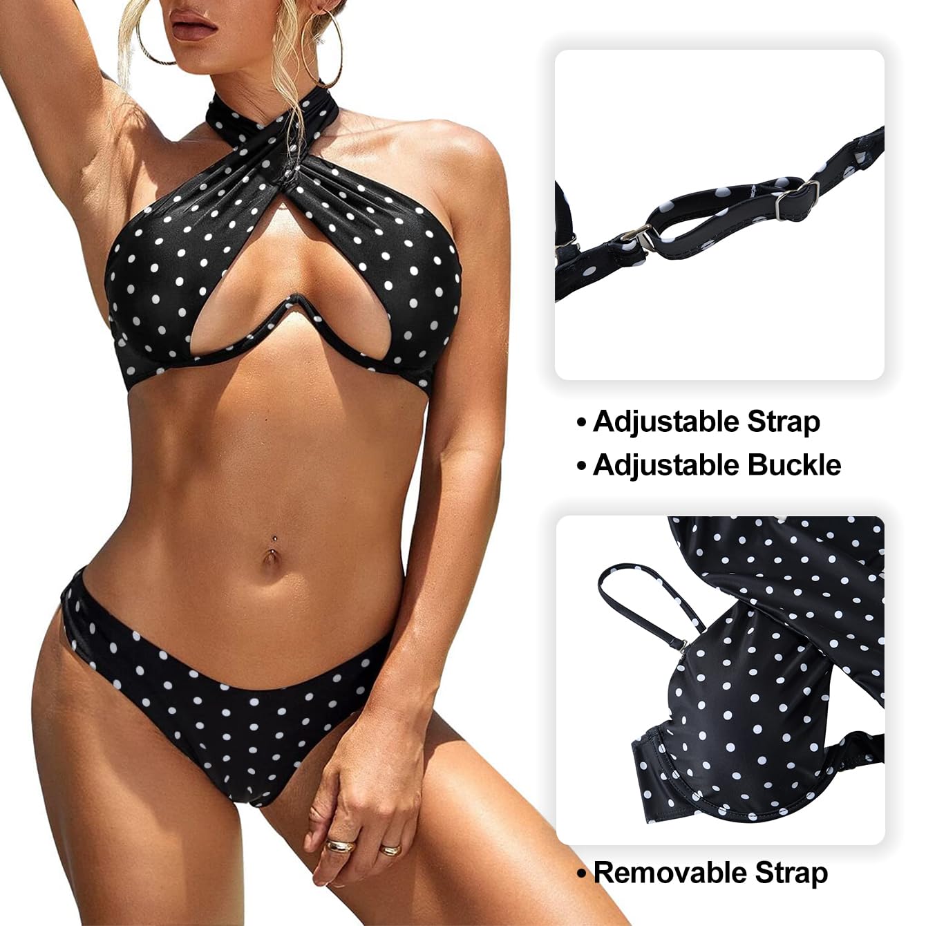 Lilosy Sexy Cute Underwire Push Up Cutout Halter Criss Cross High Cut Leg Thong Brazilian Bikini Swimsuit Set Women Cheeky Bottom Bathing Suit 2 Two Piece Polka Dot Black Medium