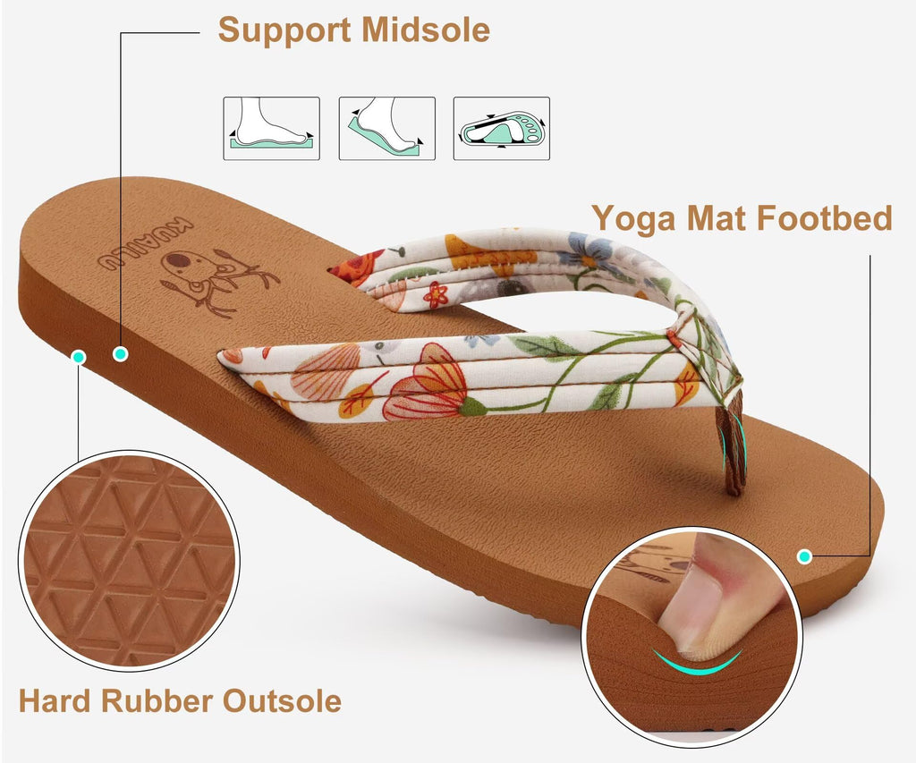 KuaiLu Womens Yoga Mat Flip Flops Comfortable Arch Support Ladies Summer Beach Pool Cushion Walking Thong Sandals Orthotic Slip on Outdoor Slides Travel Essentials Outfits Slippers Shoes Beige Size 8