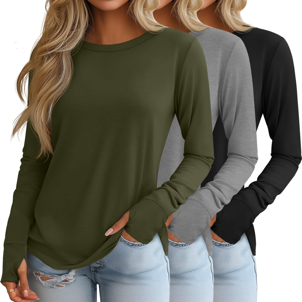 Huukeay 3 Pack Womens Long Sleeve Cotton Shirts, 3-Color, Medium