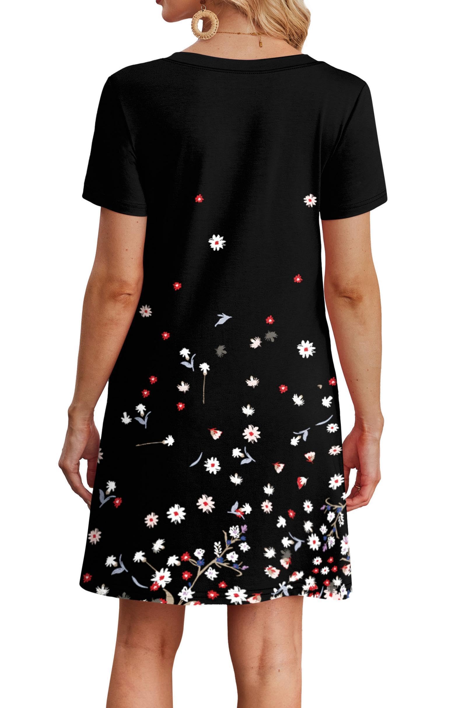 WIHOLL Dresses for Women 2026 Elegant Classy Wedding Guest Fall Summer Outfits Travel Cruise Graduation Cocktail Party Casual V Neck Short Sleeve Swing Swing Sun Dress Black Floral L