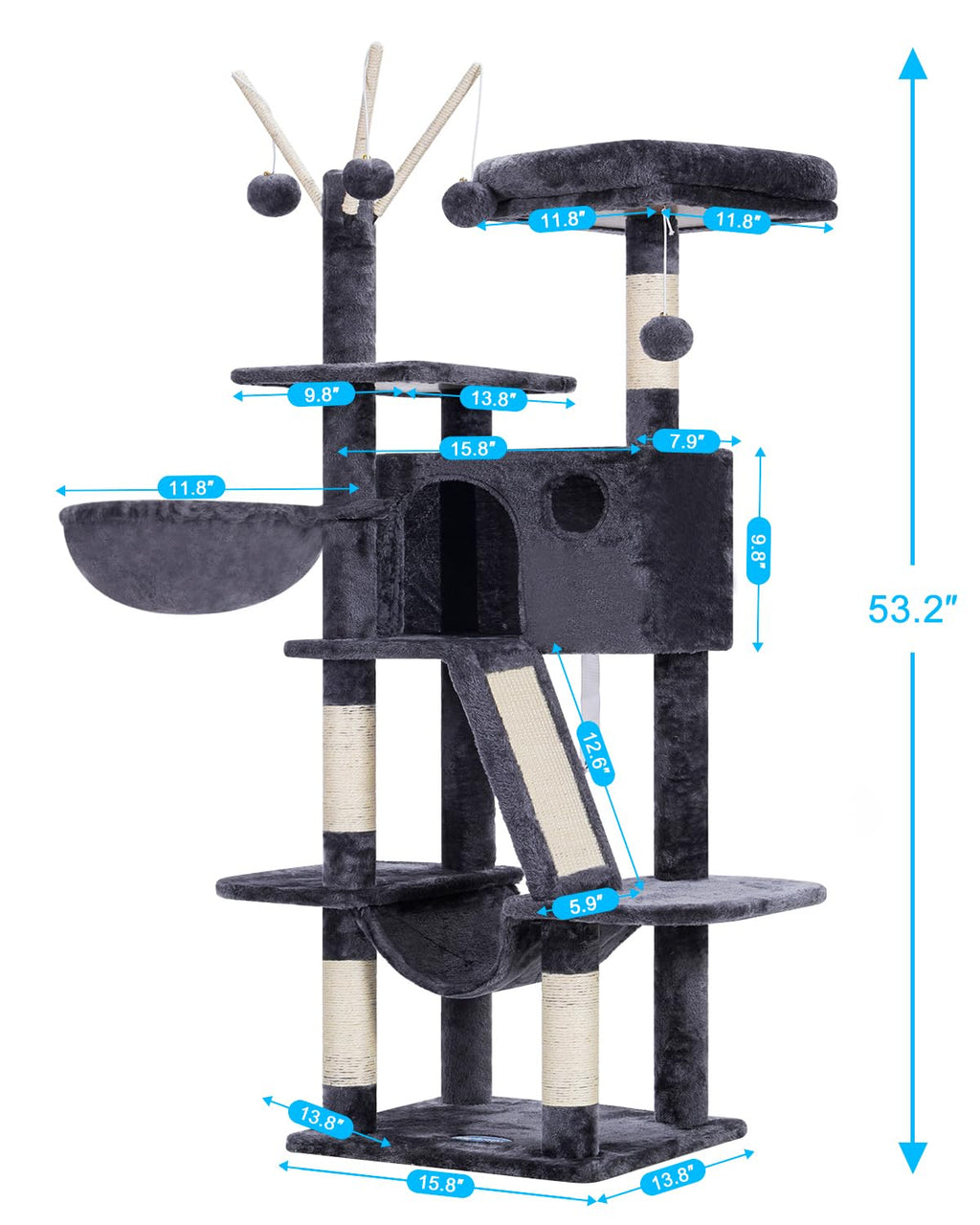 Hey-brother Cat Tree, 53 inch Cat Tower for Indoor Cats, Cat House with Padded Platform Bed, Toy Balls, Large Cozy Condo, Hammocks and Sisal Scratching Posts, Smoky Gray MPJ019-SG
