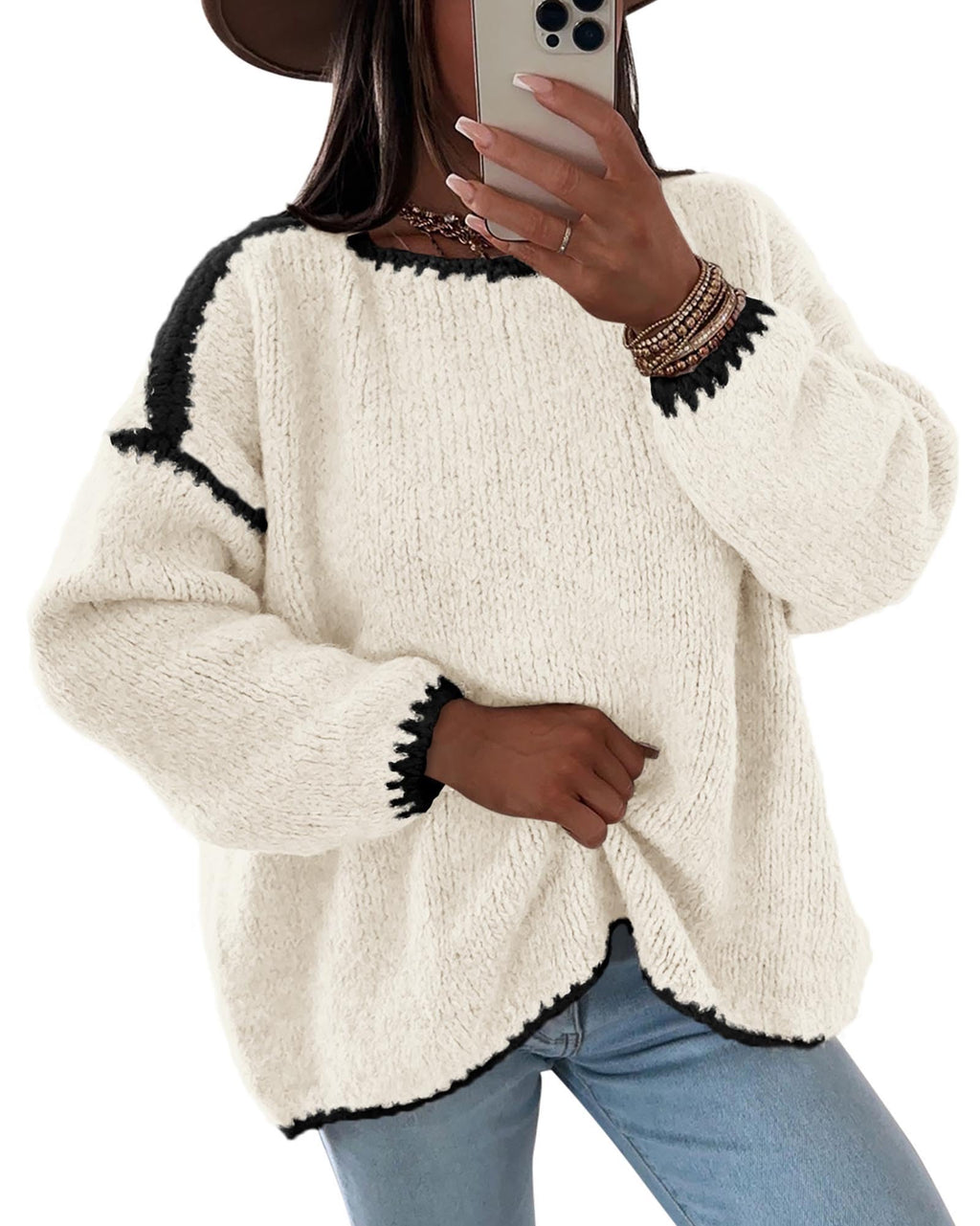 KIRUNDO Womens Sweaters 2026 Fall Oversized Long Sleeve Chunky Knit Crew Neck Contrast Stitching Pullover Winter Clothes(White, Large)