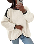 KIRUNDO Womens Sweaters 2026 Fall Oversized Long Sleeve Chunky Knit Crew Neck Contrast Stitching Pullover Winter Clothes(White, Large)