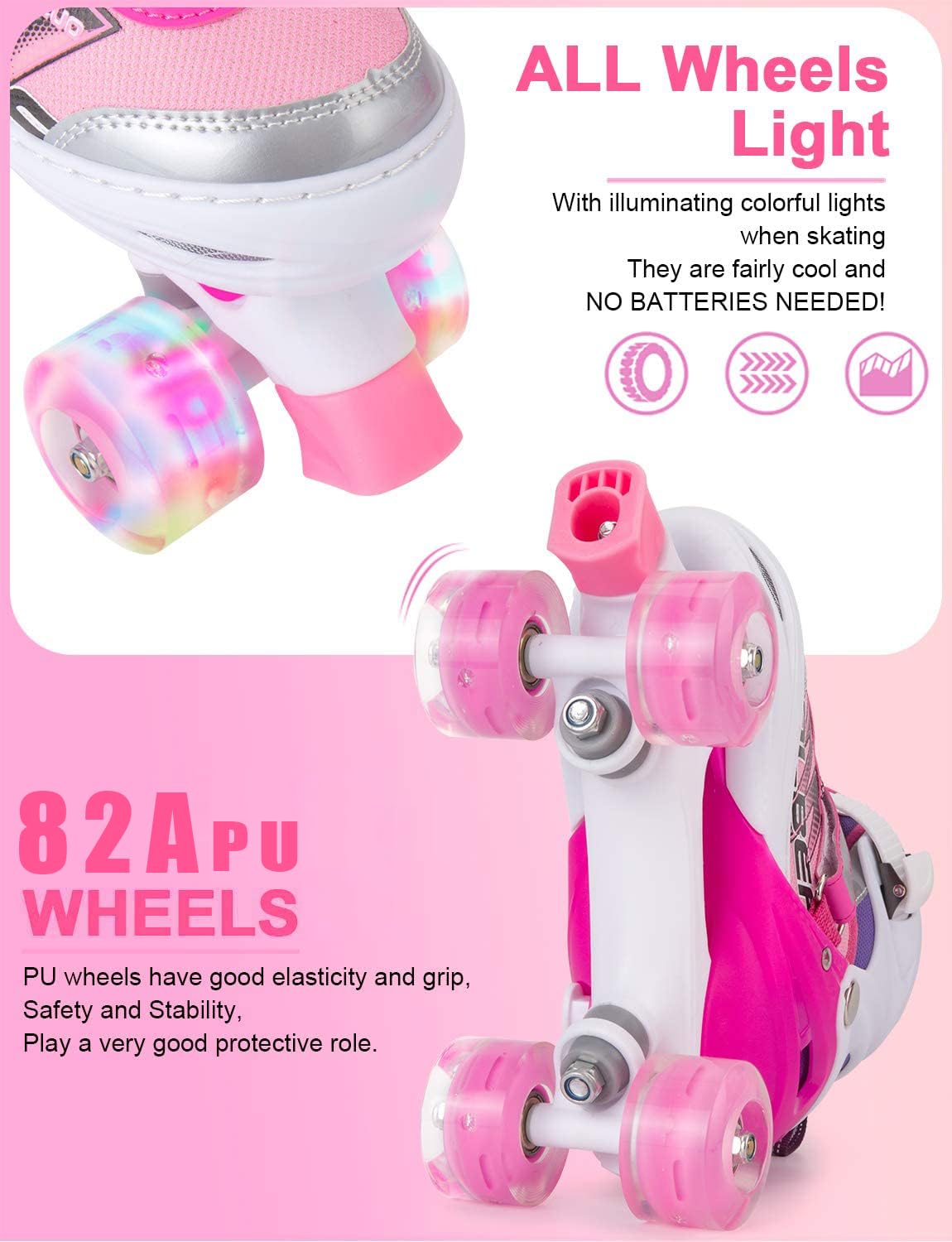 Sowume Adjustable Kids Roller Skates for Girls and Women, All 8 Wheels of Girl's Skates Shine, Safe and Fun Illuminating for Beginner