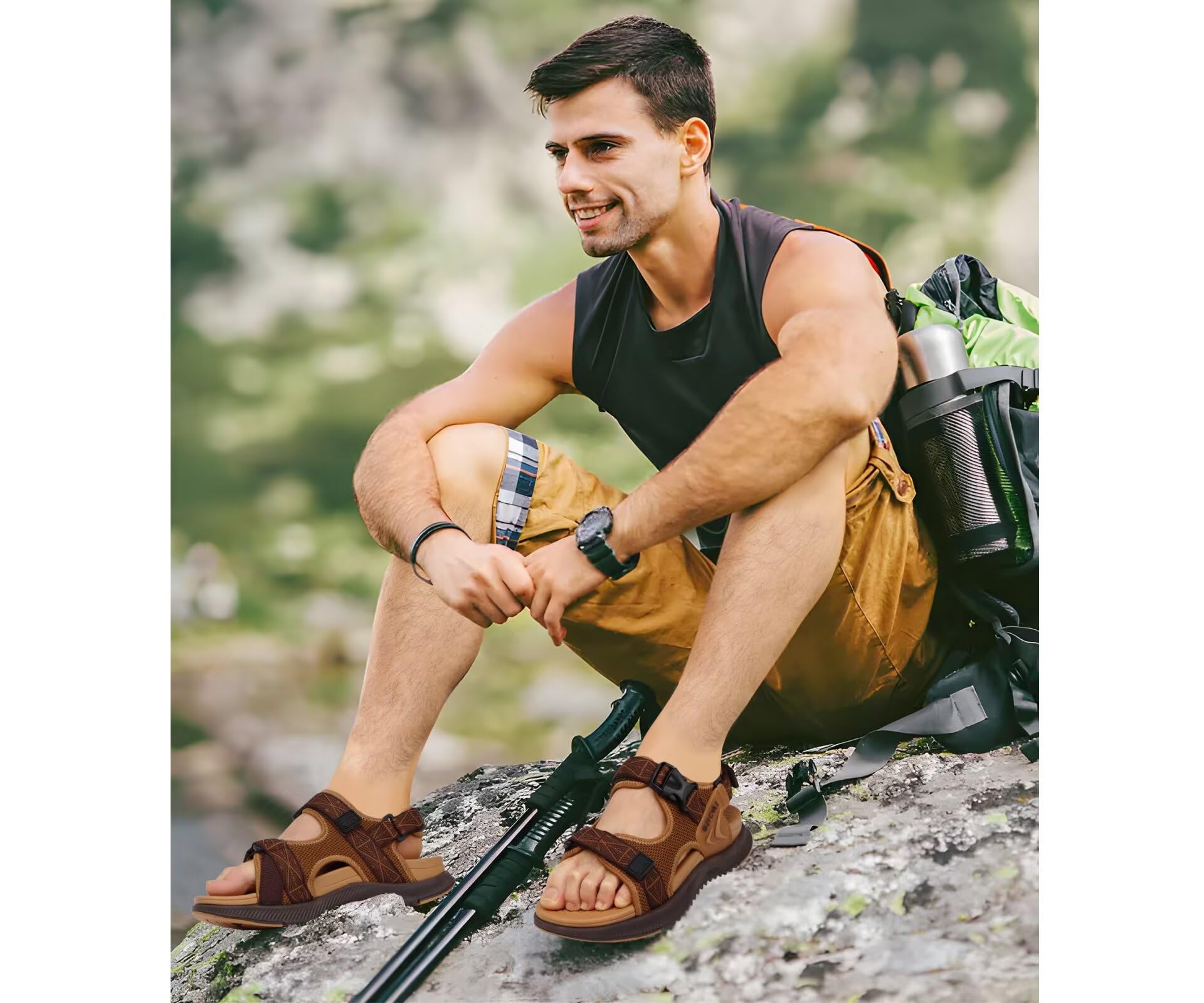 ONCAI Men's Hiking Sandals with Arch Support Mesh Athletic Walking Sandalias Summer Outdoor Cushion Thick Rubber Soles and Recovery Sports Fisherman Sandals Brown Size 10
