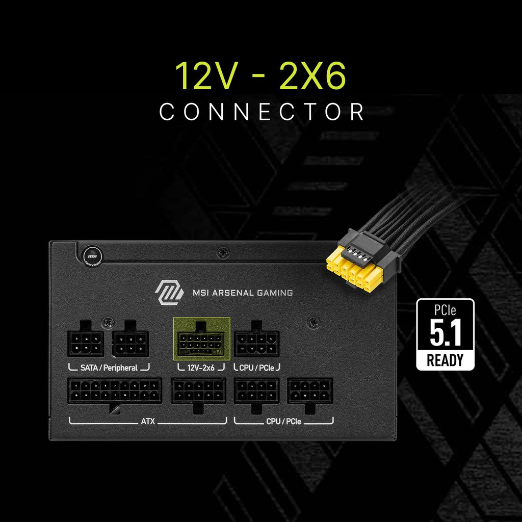 MSI MAG A750GLS PCIE5, Fully Modular Compact Gaming 750W Power Supply, 80+ Gold, ATX 3.1 & PCIe 5.1 Ready, Native Dual-Color 12V-2x6 Cable, Low-Noise, Embossed Jacket Cables, 10 Year Warranty