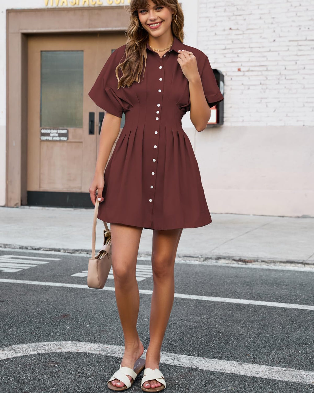 Shy Velvet Women’s Mini Shirt Dress Casual Button Down Short Sleeve Collared Summer Dresses Burgundy