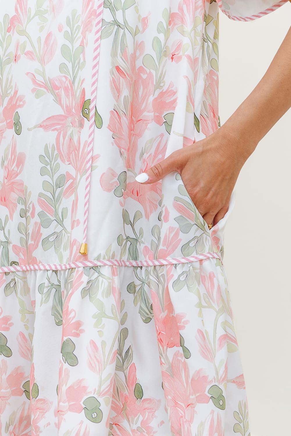 Dokotoo Summer Dresses for Women 2026 Boho Floral Print Ruffle Short Sleeve V Neck Drawstring Tie Casual Elegant Bohemian Cute Flowy Babydoll Sun Dress Party Wedding Guest Sundresses Pink Small