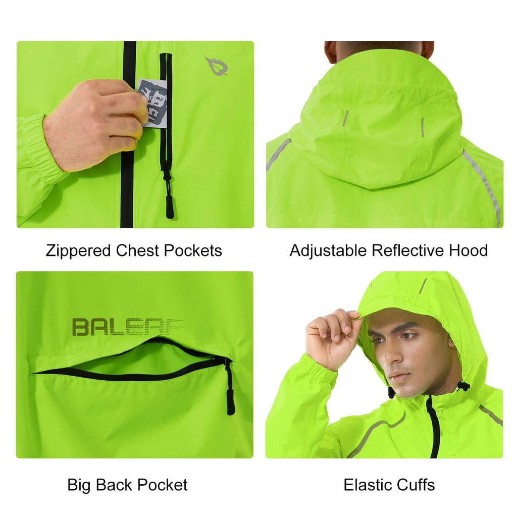 baleaf Mens Rain Jacket Waterproof Raincoat Windbreaker Running Cycling Gear Golf Jackets Hood Lightweight Reflective Yellow L