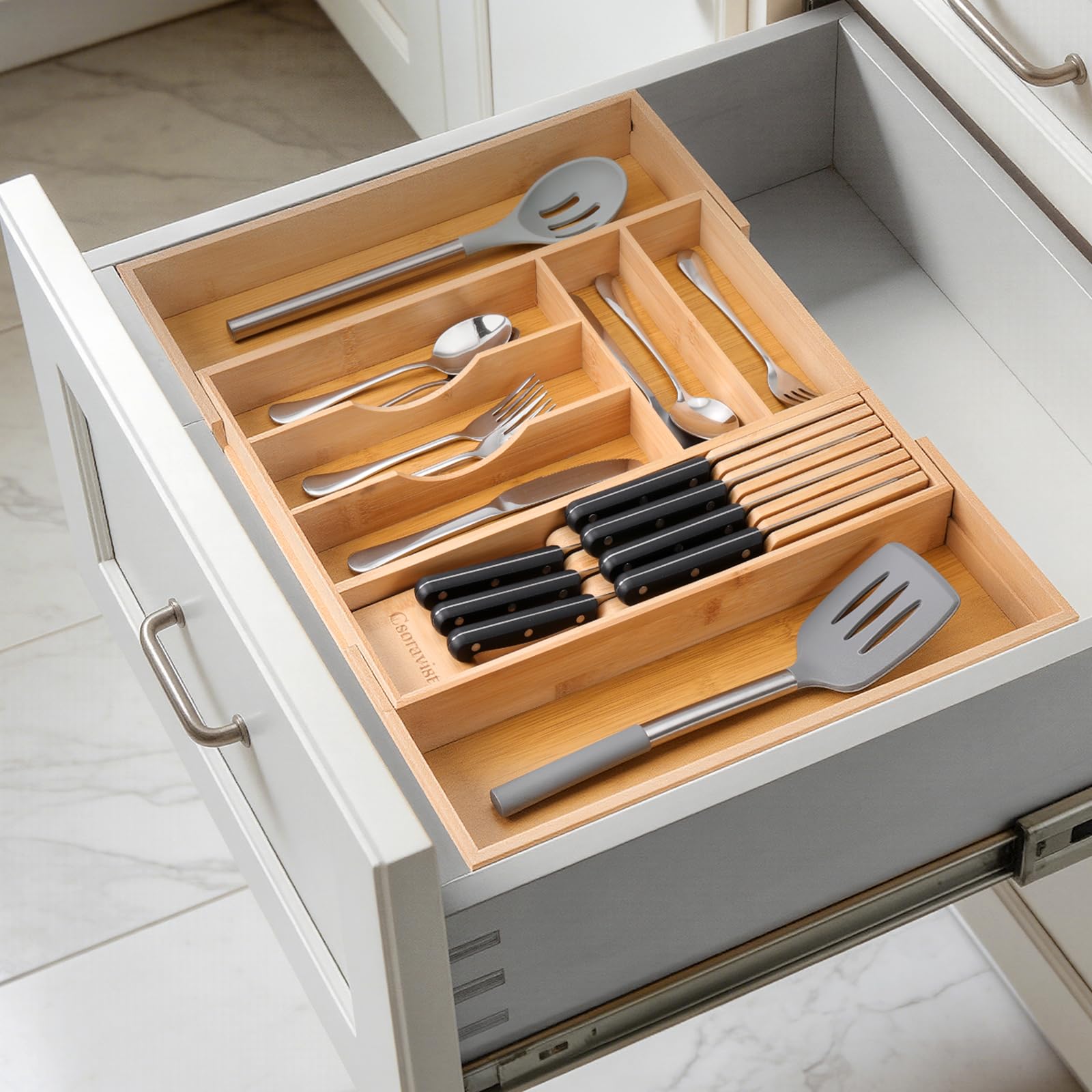 Csoravist 9-Piece Bamboo Kitchen Drawer Organizer Set, Expandable Silverware &Utensil Organizer with Removable Knife Block & Steak Knives, Flatware Organization, Tableware Dividers Storage(Natural)