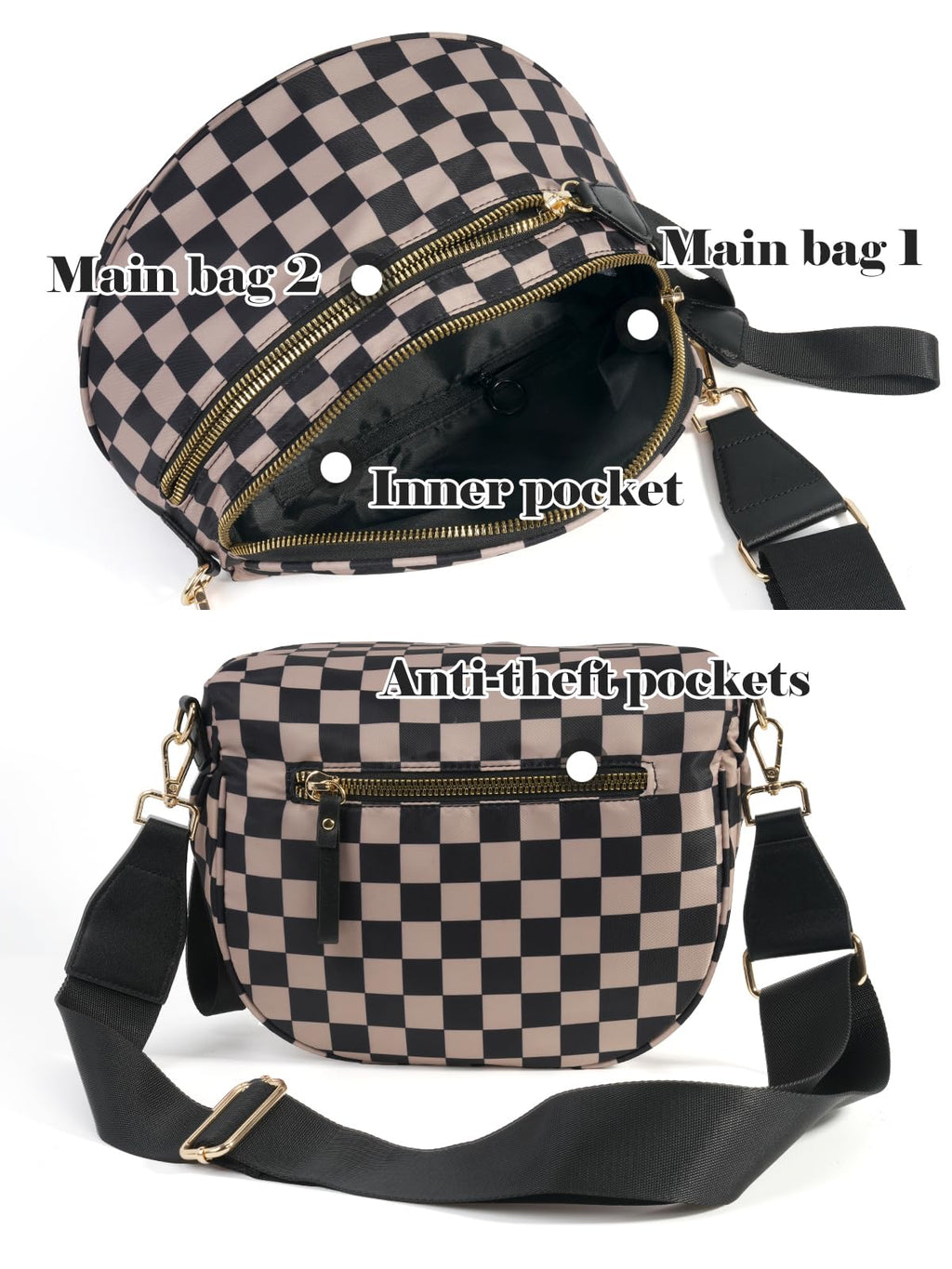 Black and White Checkered Crossbody Bum Bag for Women,Spacious Checkered Purse Fanny Packs Belt Bag Sling Bag with Shoulder Strap (khaki Checkered)