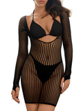 Lilosy Sexy Crochet Sheer Long Sleeve Cover Up Swim Bathing Suit Beach Dress One Piece See Through Women Swimwear Fishnet Black Medium