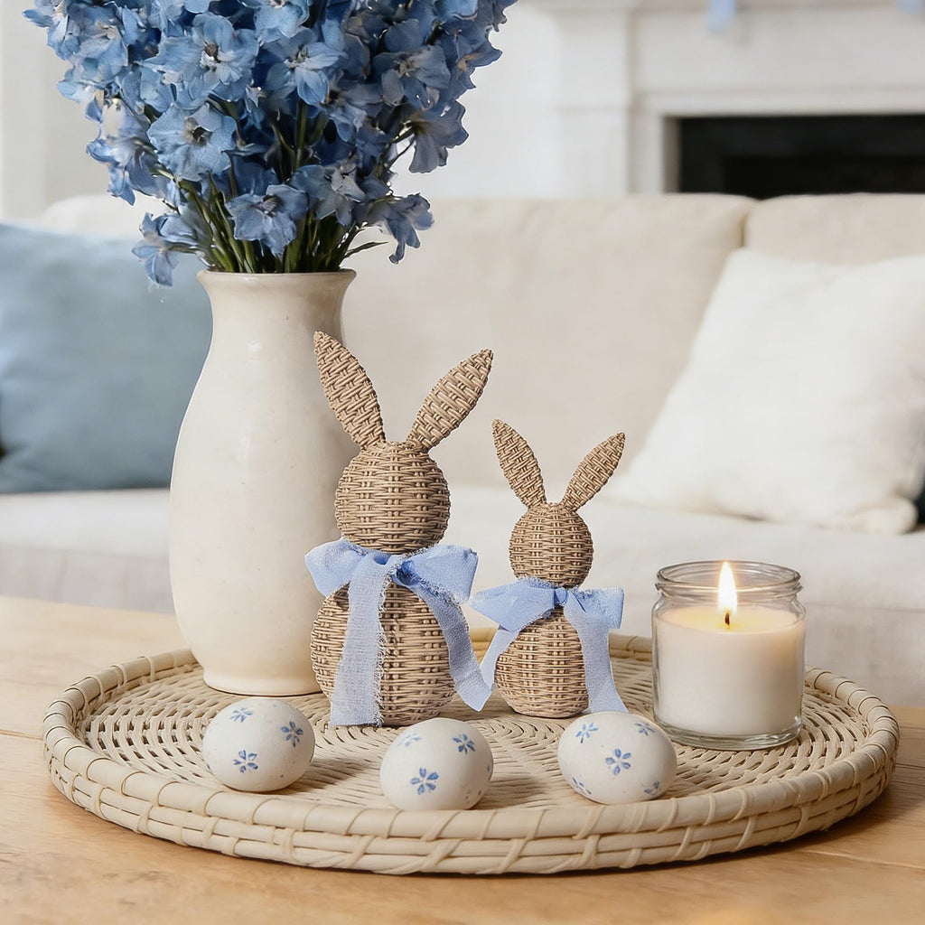 WDS WONDROUS Rattan Effect Resin Bunnies with Light Blue Bow 2-Pcs Large & Small, Easter Decorations Bunny Figurines Set, Farmhouse Spring Table Centerpiece Decor for Home Wedding Gift