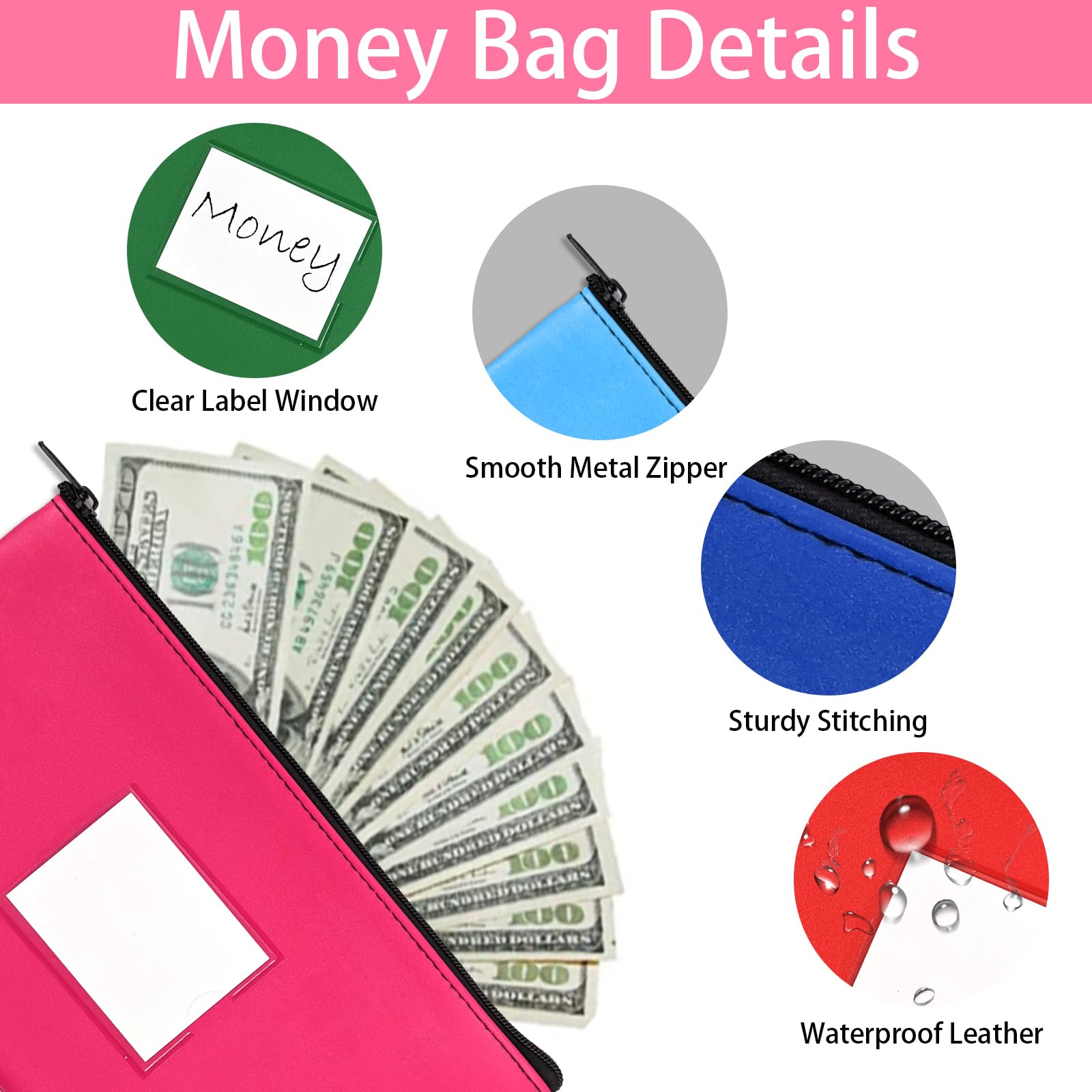VOCHIC 7 Pieces Money Bags with Zipper,DIY Labels,Money Pouch 11x6.1 inch