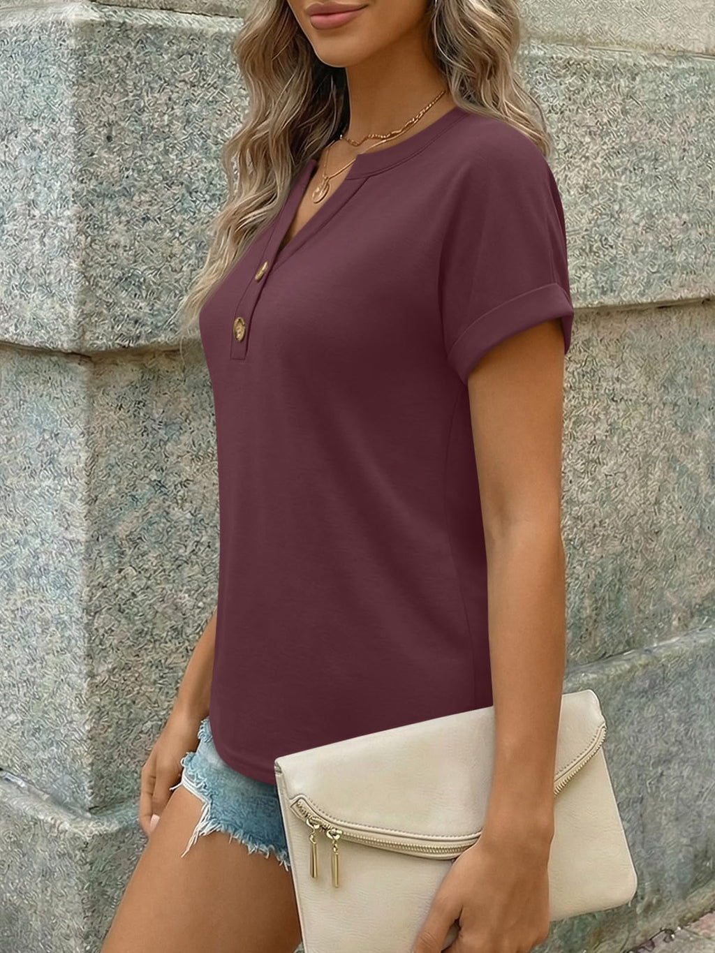AUTOMET Womens Spring Tops 2026 Short Sleeve Shirts Henley Dressy Casual Blouses V Neck Fashion Tunics Trendy Flowy Clothing Burgundy L