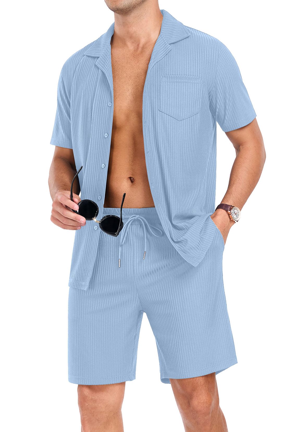 PrinStory Mens Short Sleeve Outfits 2 Piece Summer Beach Button Down Shirts and Shorts Set Tracksuit with Pockets Light Blue-S