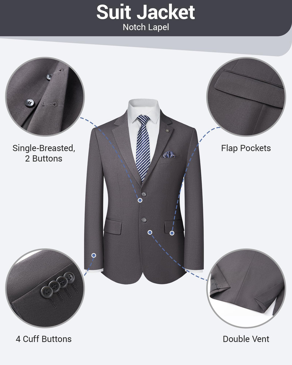 Men’s Slim Fit 2 Piece Suit Set, Stretch & Machine Washable, Single Breasted Business Formal Suit for Office & Wedding Guest