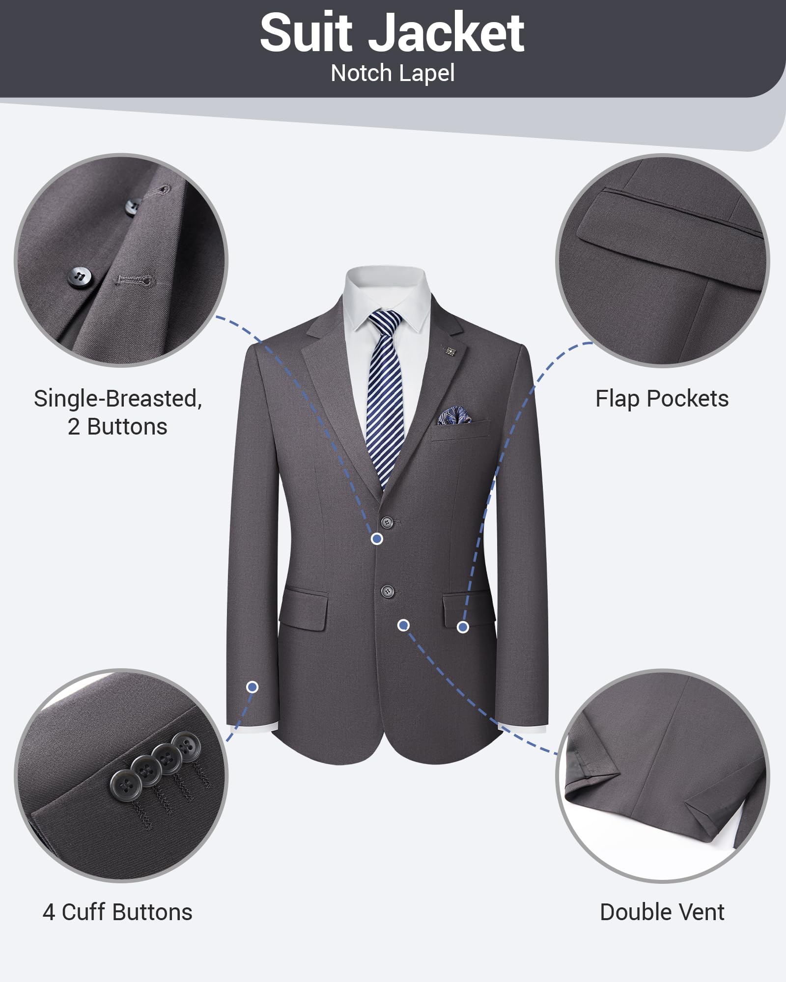 Men’s Slim Fit 2 Piece Suit Set, Stretch & Machine Washable, Single Breasted Business Formal Suit for Office & Wedding Guest