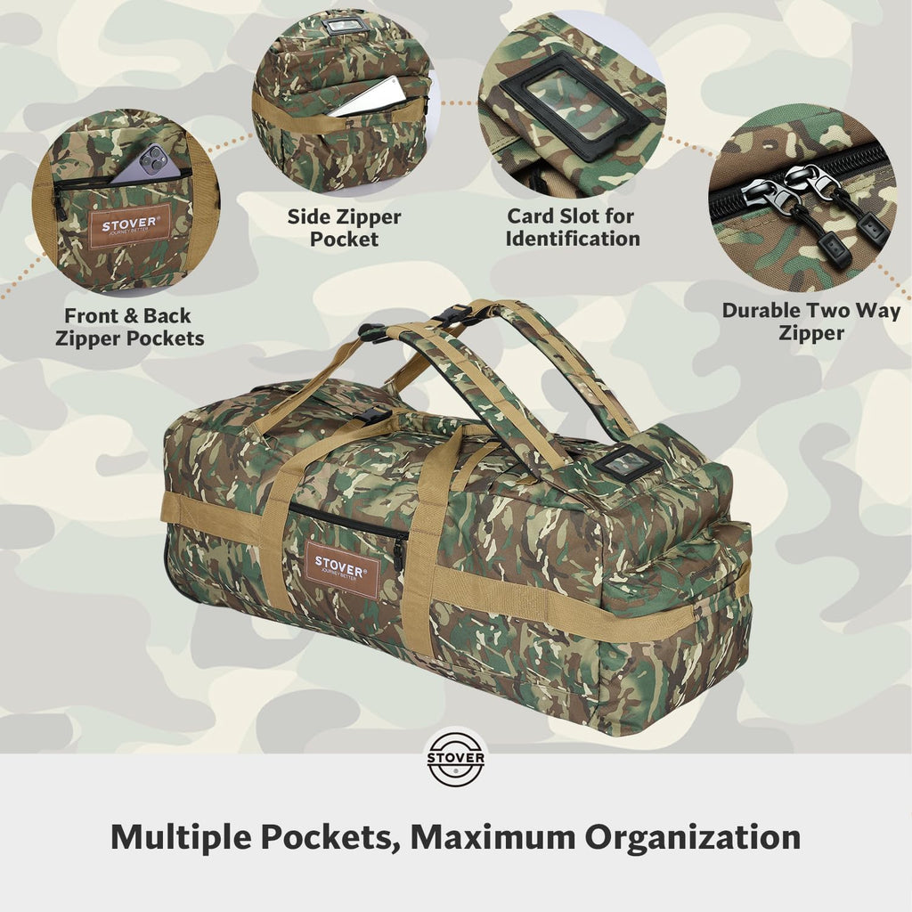 STOVER 45/80/100L Rolling Duffel Bag with Wheels, X-Large Durable Travel Duffle + Toiletry Bag, Heavy Duty, Packable with Shoulder Straps- Use as Luggage or Backpack (Camouflage)