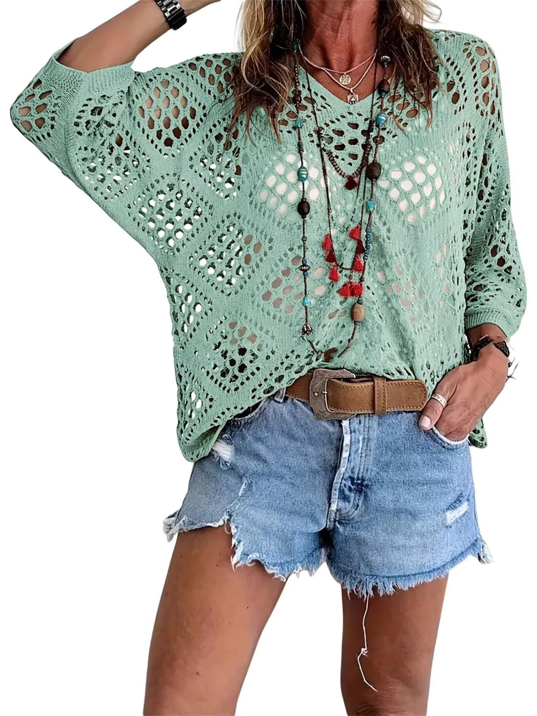 Allimy Womens Boho Crochet Tops Beach Cover Ups Summer Sweaters Blue M