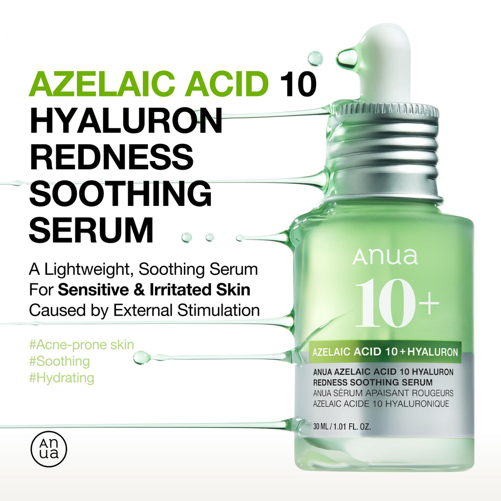 Anua Azelaic Acid 10 Hyaluron Redness Soothing Serum, Facial Serum for Blemish-Prone & Oily-Prone Skin, Lightweight & Hydrating Blemish Care, Hyaluronic Acid, Korean Skincare, 1.01 fl oz.