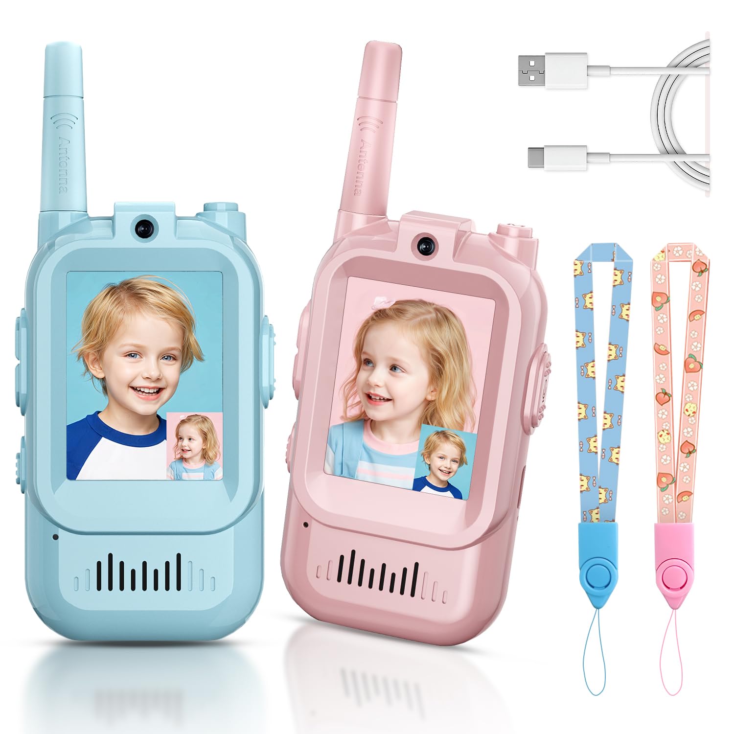 Video Walkie Talkies for Kids, Handheld 2 Pack Rechargeable Video Intercom Kids Walkies Talkies, Indoor Outdoor Toys for Family Games, Outside, Camping, Hiking for Boys Girls Ages 3-12 (Blue/Pink)