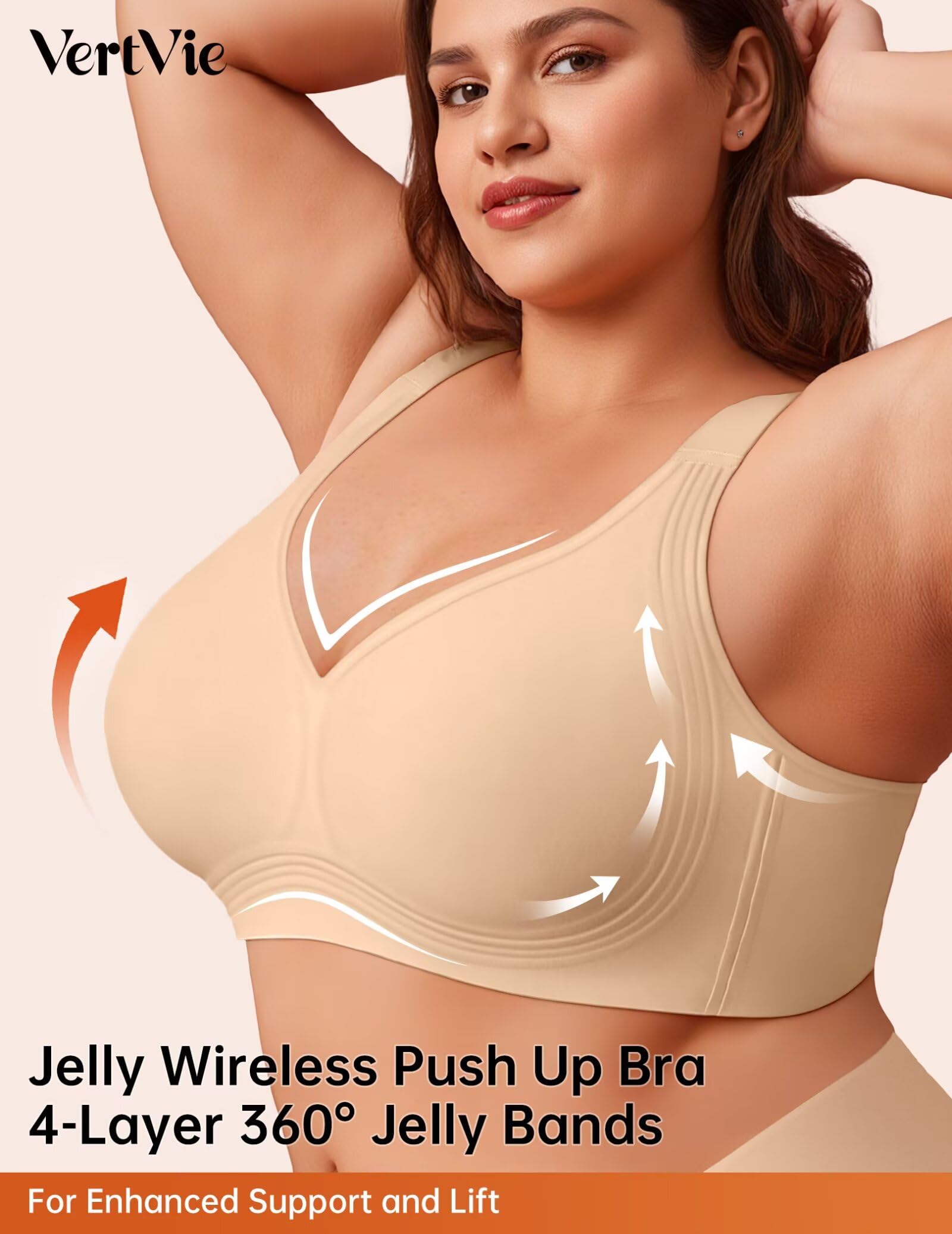 Vertvie Jelly Bras for Women Plus Size Minimizer Soft Wireless Push Up Bra Full Supportive Older Lift Back Coverage Bralette(Skin,38DDD)