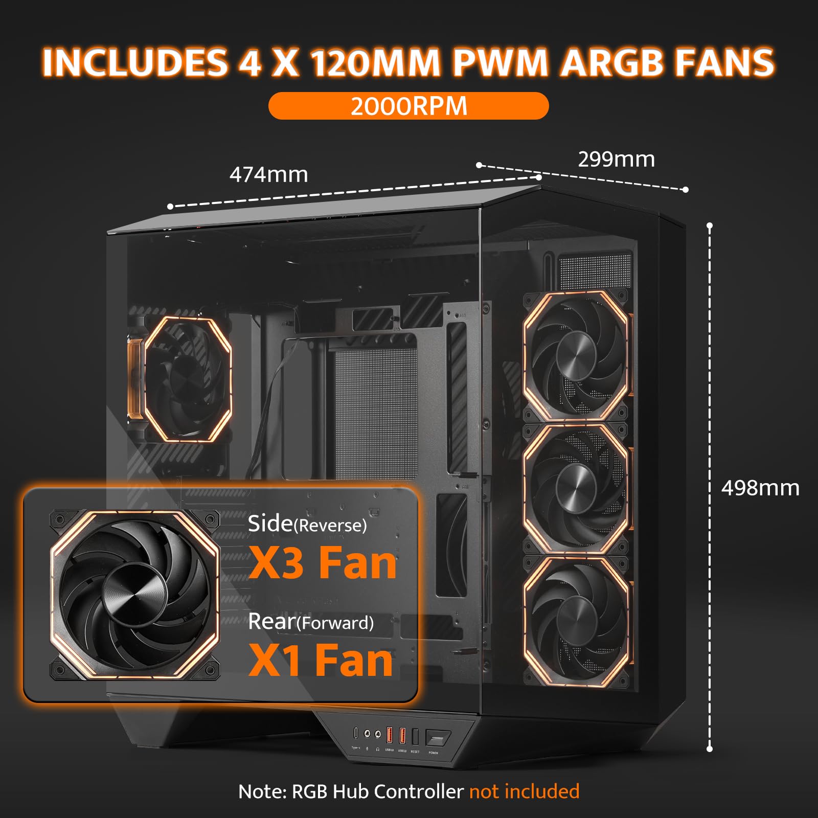 darkFlash Full-Tower ATX Gaming PC Case, Back Plug-in Motherboard, Vertical GPU Mounting, Dual-Chamber, Panoramic Glass, Up to 2 x 360mm Radiators, RTX 40 Compatible(DY470) (4 PWM ARGB Fans, Black)