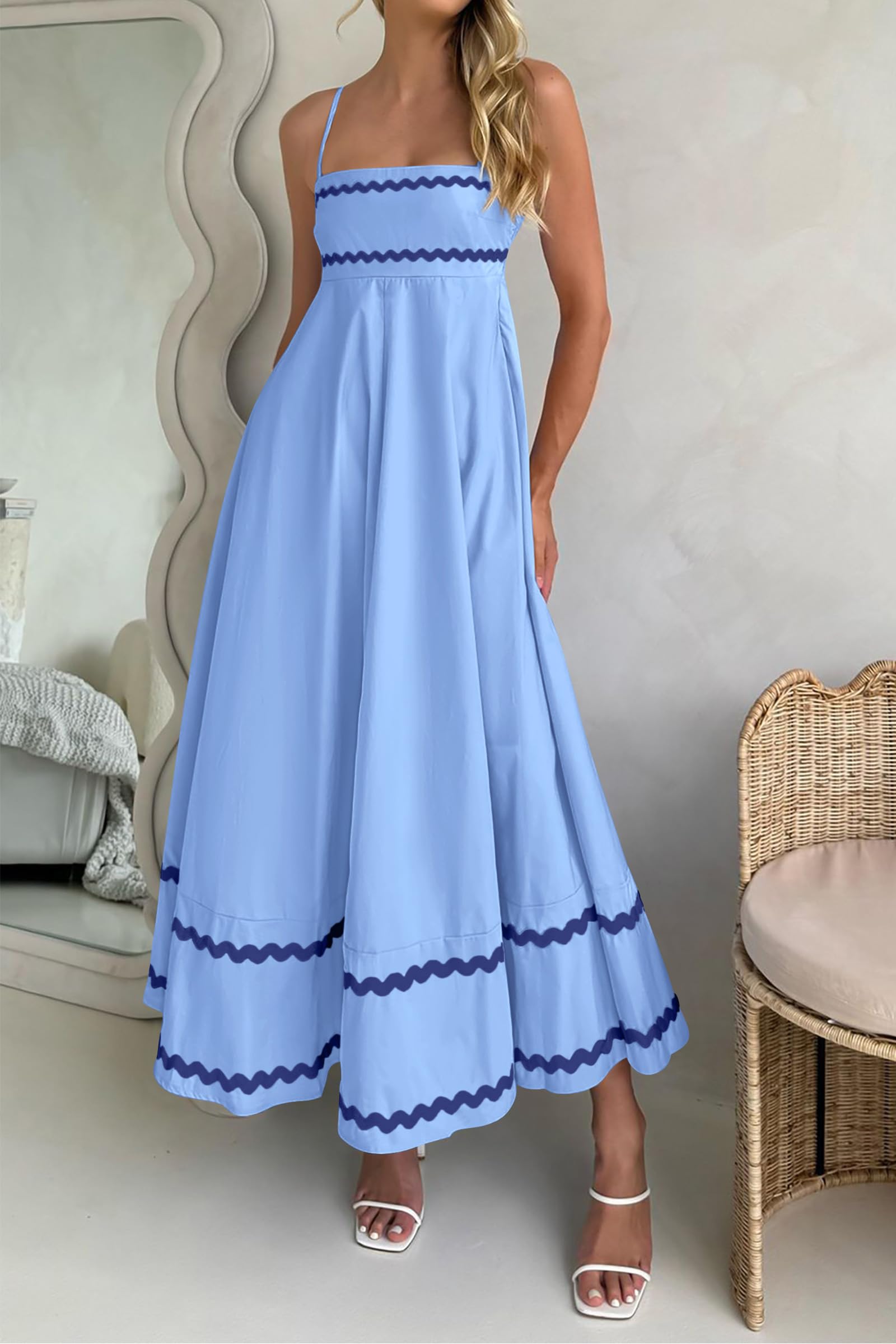 PRETTYGARDEN Women's 2025 Summer Flowy Maxi Dress Casual Sleeveless Spaghetti Strap Ruffle Beach Long Dresses (Light Blue,Large)