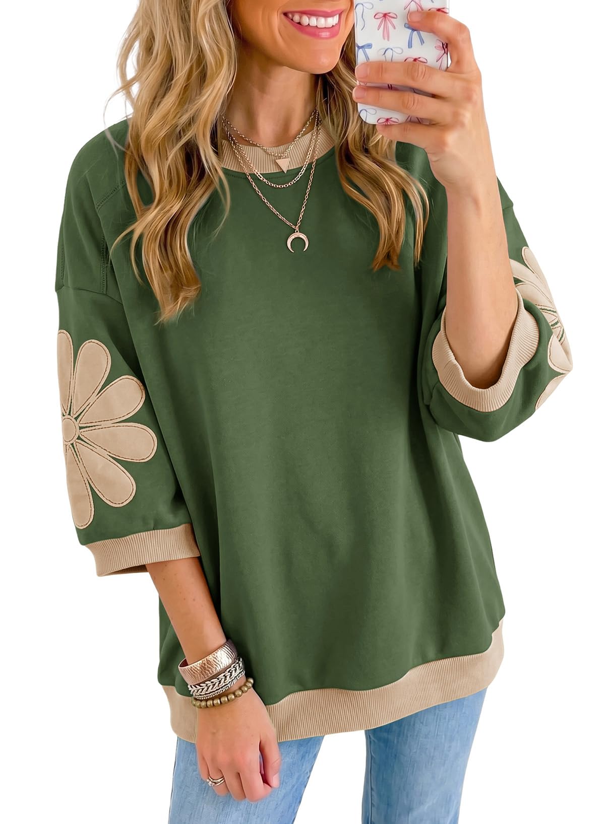 Dokotoo Women's Fall 3/4 Sleeve Sweatshirts Color Block Casual Tops Green XL