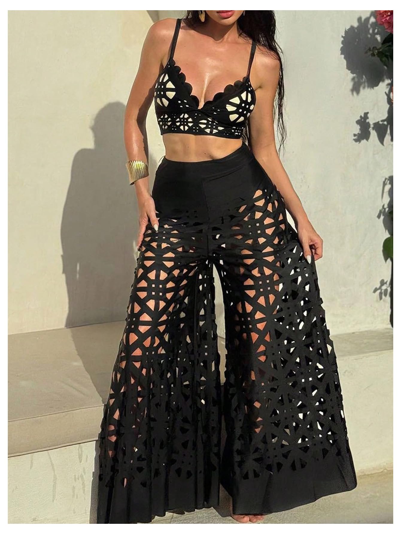 WDIRARA Women's 3 Piece Swimsuit Hollow Out Bikini Set with Cover Up Pants Black X-Large