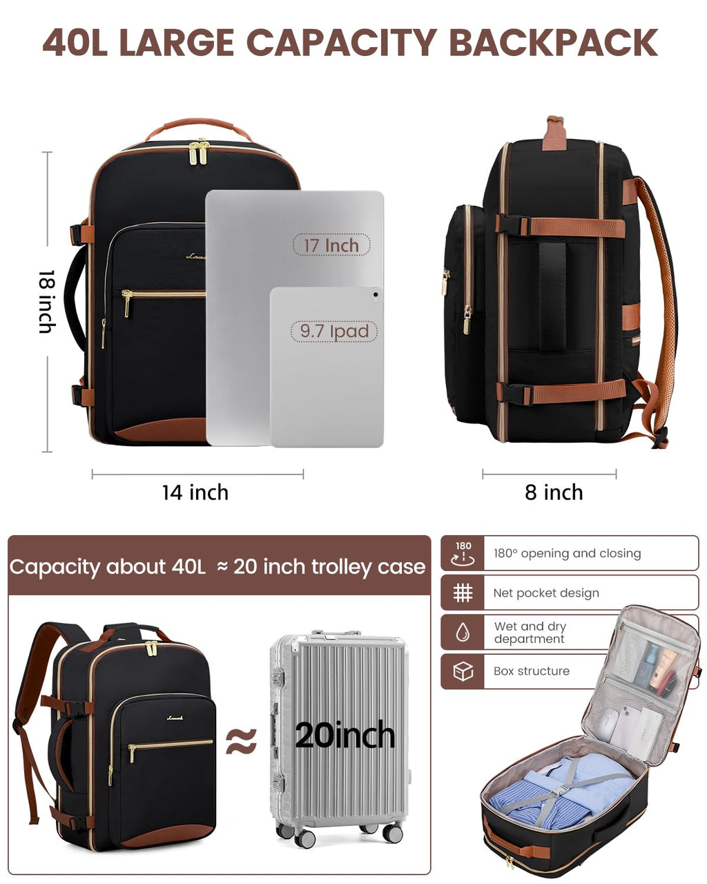 LOVEVOOK 40L Travel Backpack for Women & Men, Airline Approved Carry On Luggage with 3 Packing Cubes, TSA Overnight Bags, Waterproof Personal Item Bag, Weekender Essentials Backpacks fits 17" Laptop