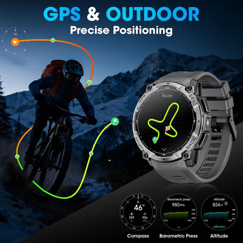 Joautrial Military Smart Watch for Men with GPS, 1.43" AMOLED Bluetooth Call, LED Flashlight, Rugged Tactical Watch for Android iOS, 3ATM Waterproof Fitness Tracker with Heart Rate Pedometer (Black)